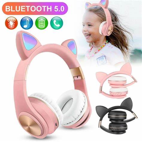 Audífonos Bluetooth Inalámbricos Oreja De Gato, Bluetooth Plegable LED Luces Estéreo de Alta Fidelidad compatible con sistemas iOS, Android, PC, Niños y Niñas - Ditecmex