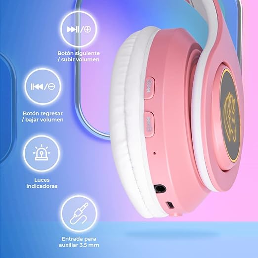 Audifonos de Unicornio con Bluetooth V5.0 Luz RGB Diseño Kawaii Batería Recargable Color Rosa