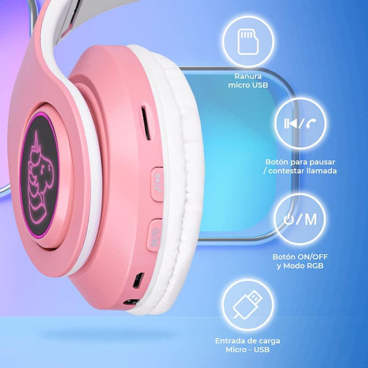 Audifonos de Unicornio con Bluetooth V5.0 Luz RGB Diseño Kawaii Batería Recargable Color Rosa