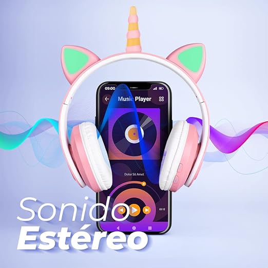 Audifonos de Unicornio con Bluetooth V5.0 Luz RGB Diseño Kawaii Batería Recargable Color Rosa