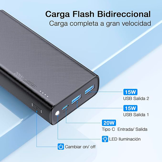 BATERIA PORTATIL 20000mAh, 20W Carga Rápida Bateria Portatil, Tipo C Pila Portatil con 2 Puertos USB de 74Wh, Compatible con IOS Negro