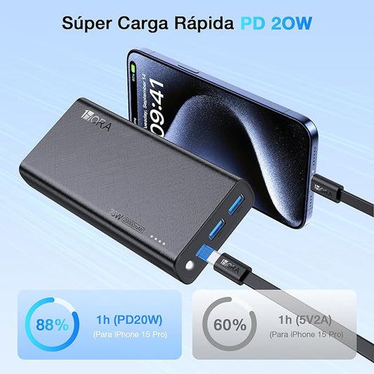 BATERIA PORTATIL 20000mAh, 20W Carga Rápida Bateria Portatil, Tipo C Pila Portatil con 2 Puertos USB de 74Wh, Compatible con IOS Negro